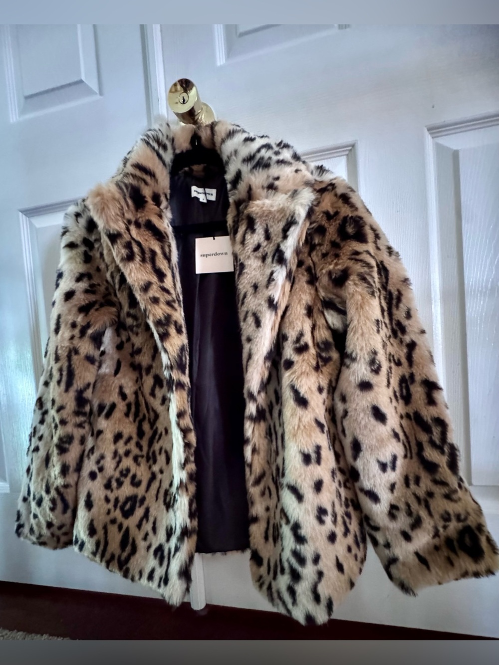 Super Down Faux Fur Leopard Print Coat - Beige/Black S